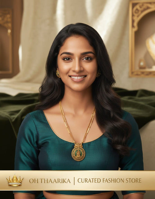 Antique Gold Lakshmi Coin Pendant Long Necklace - model wearing