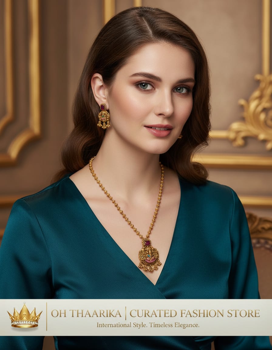 Antique Gold Temple Pendant Necklace & Earring Set - lifestyle