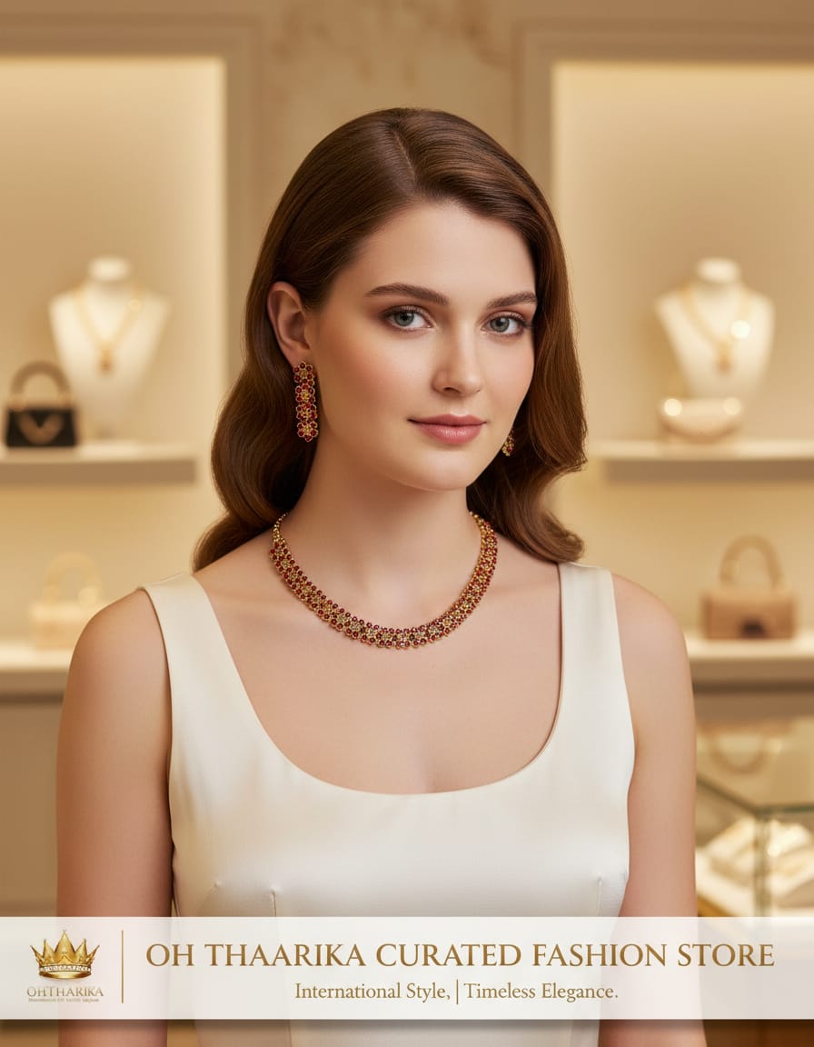 Ruby Red CZ Gold Necklace Set - model wearing