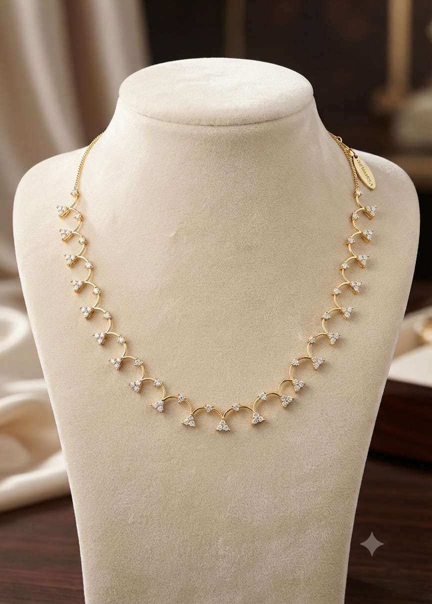 Diamond CZ Arc Cluster Gold Necklace on display bust