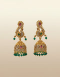 Antique Gold Peacock Jhumka Earrings with Emerald & Ruby Stones