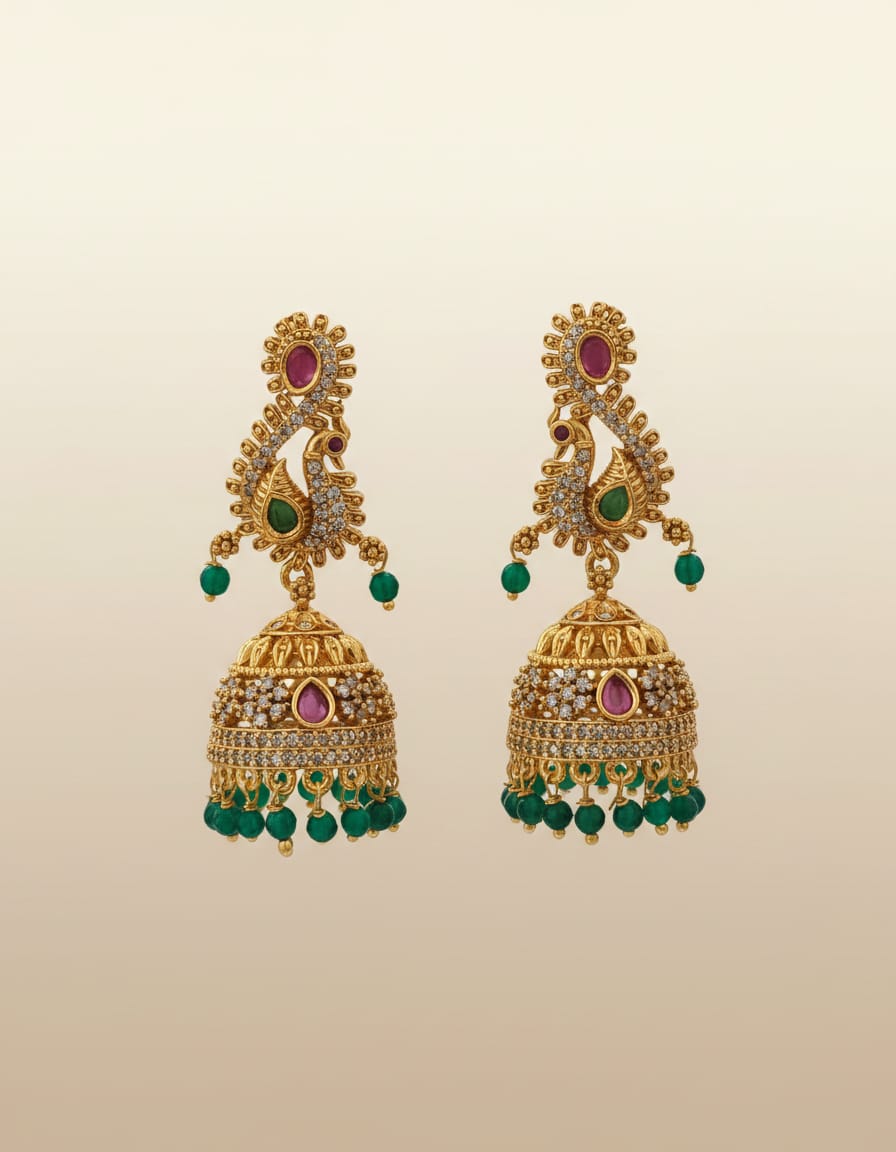 Antique Gold Peacock Jhumka Earrings with Emerald & Ruby Stones