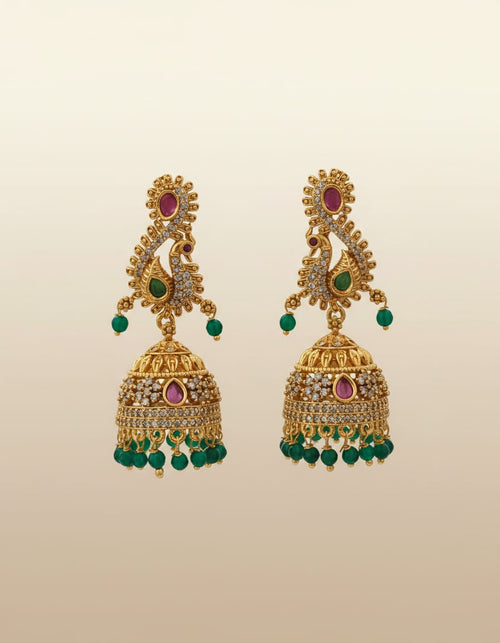 Antique Gold Peacock Jhumka Earrings with Emerald & Ruby Stones