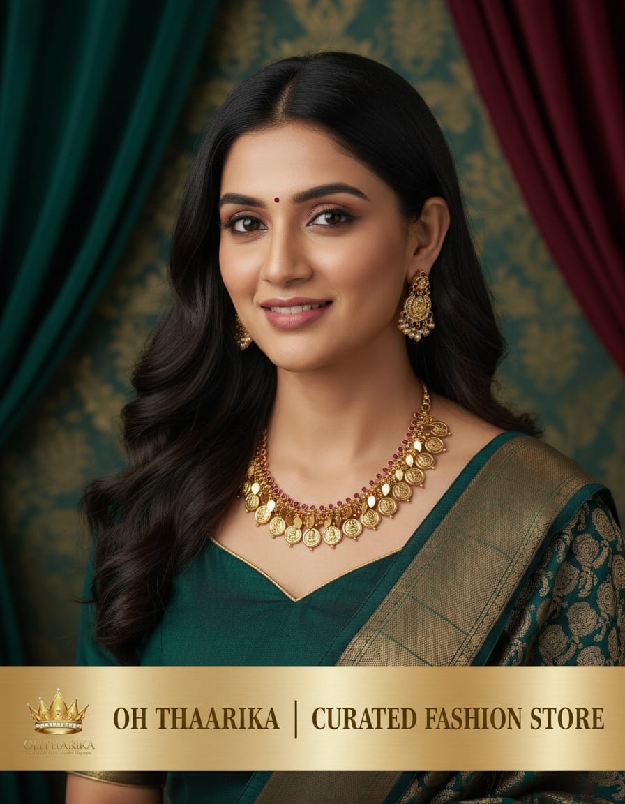 Elakathali Lakshmi Coin Gold Necklace Set - model wearing teal silk saree