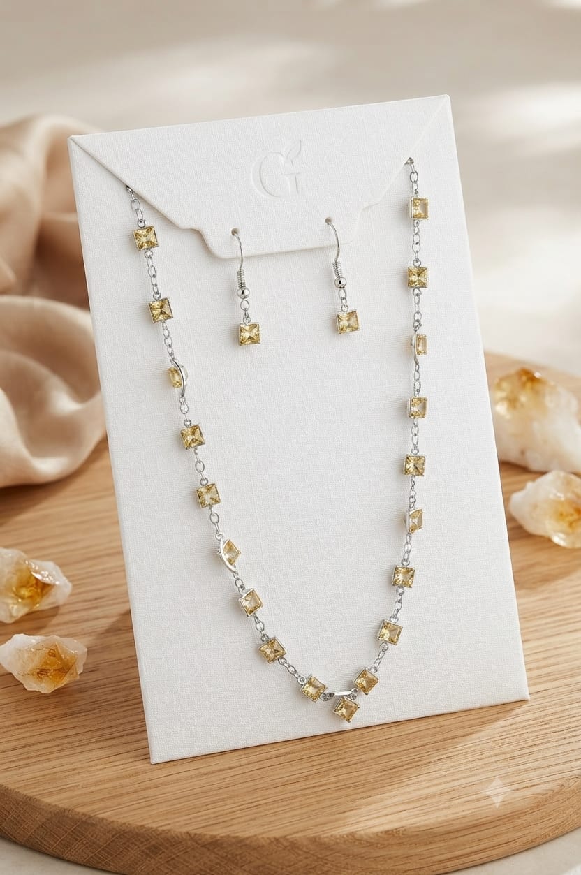 Yellow Crystal Square Necklace & Earring Set - lifestyle