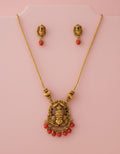 Antique Gold Goddess Face Coral Pendant Necklace & Earring Set