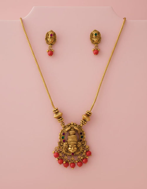 Antique Gold Goddess Face Coral Pendant Necklace & Earring Set