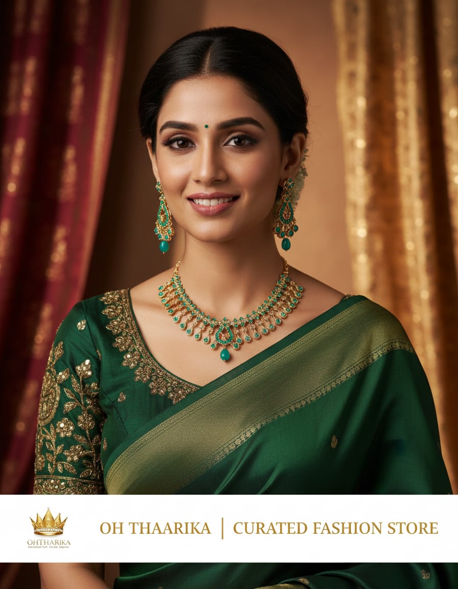 Emerald Green CZ Gold Necklace Set with Earrings - model wearing