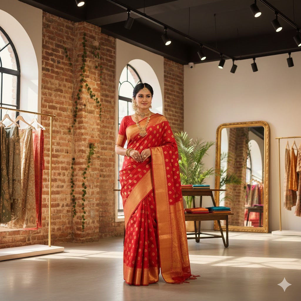 Red Kanchipuram Silk Saree, Handloom Weaving