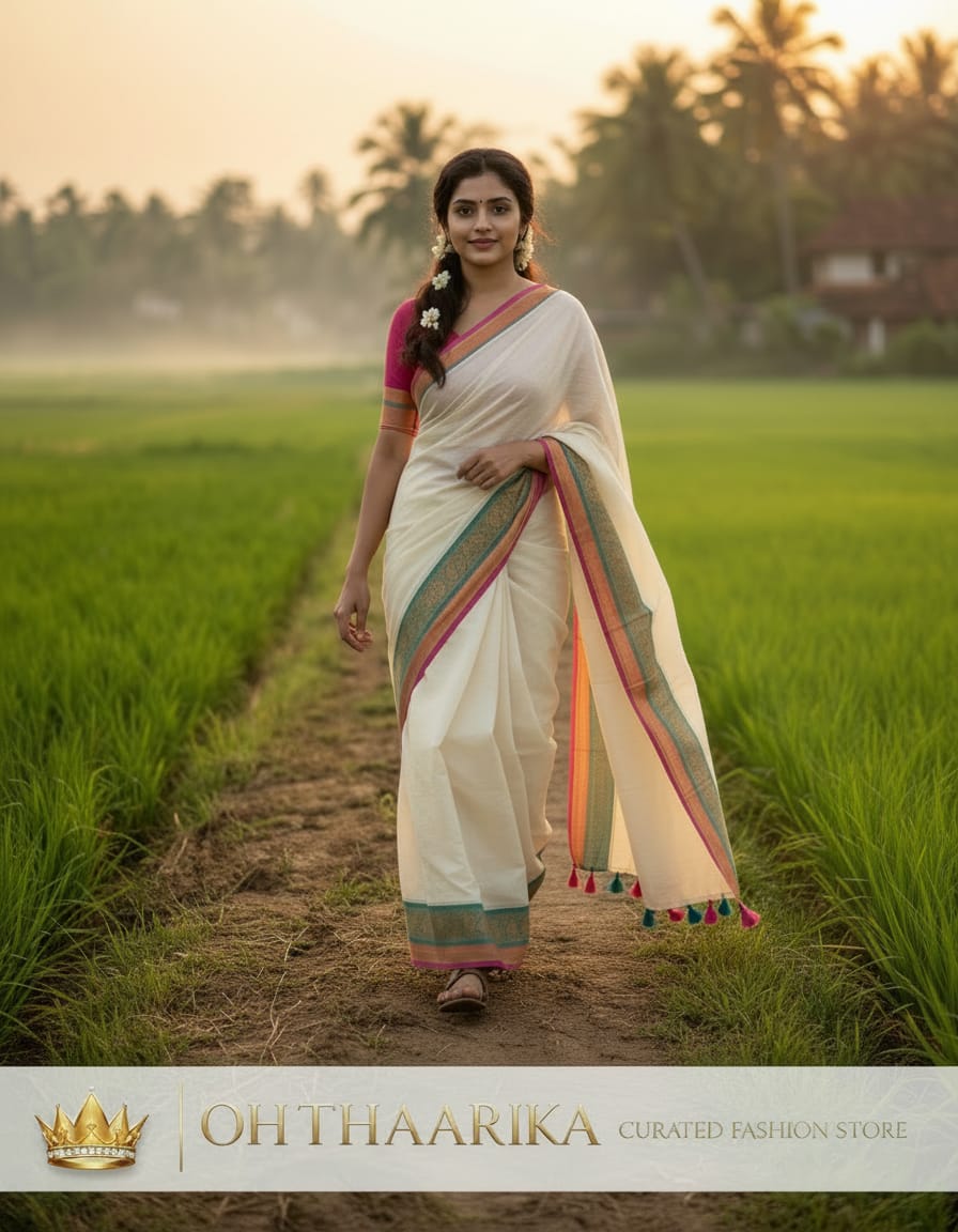 Kerala Mul Cotton Saree - Teal Pink Border