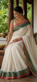 Kerala Mul Cotton Saree - Teal Pink Border