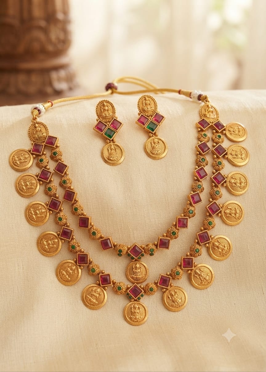 Double Layer Lakshmi Coin Temple Necklace Set with Earrings - product shot