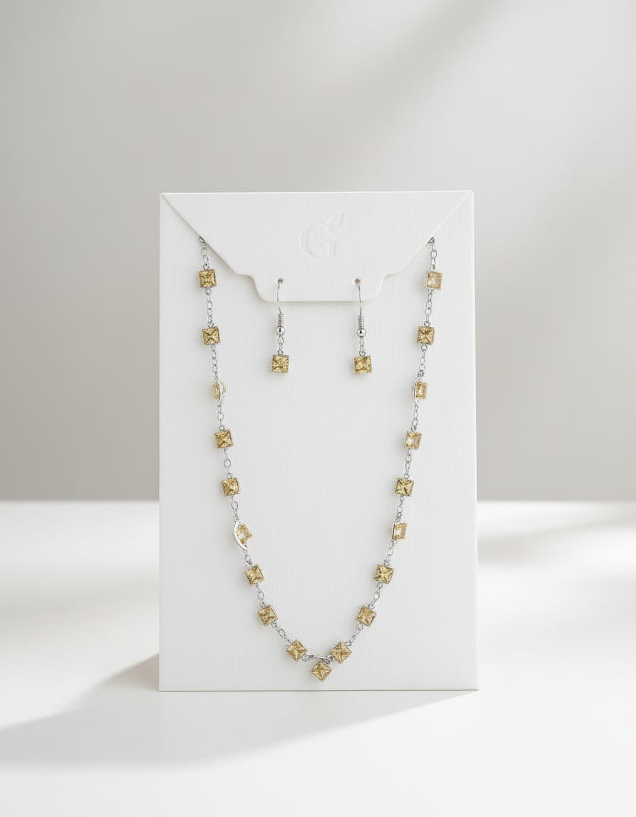 Yellow Crystal Square Necklace & Earring Set - display