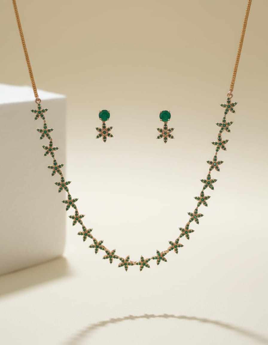 Emerald Green Floral Crystal Necklace & Earring Set