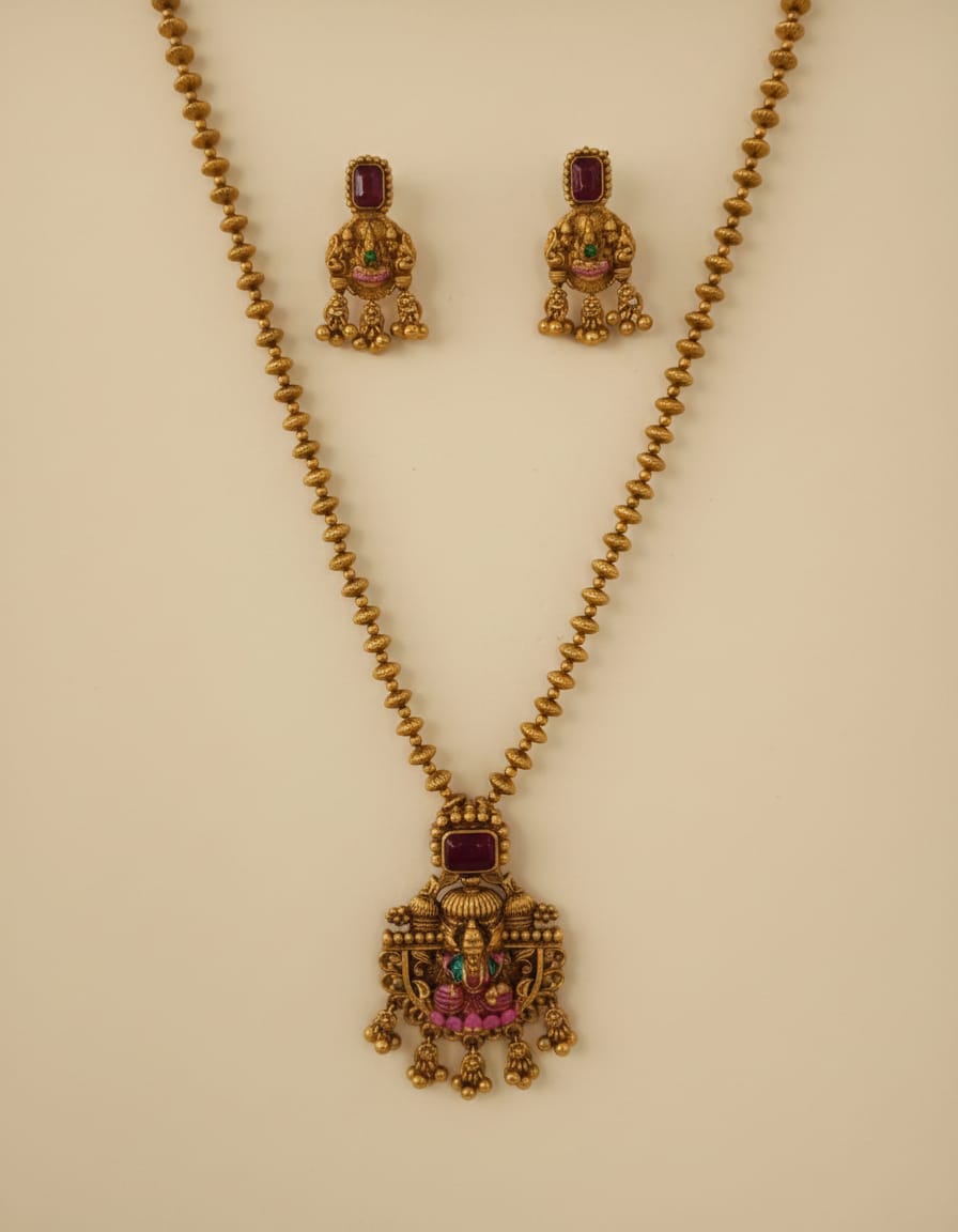 Antique Gold Temple Pendant Necklace & Earring Set - product shot