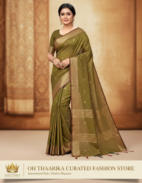 Maheswari Silk Cotton Saree - Olive Green