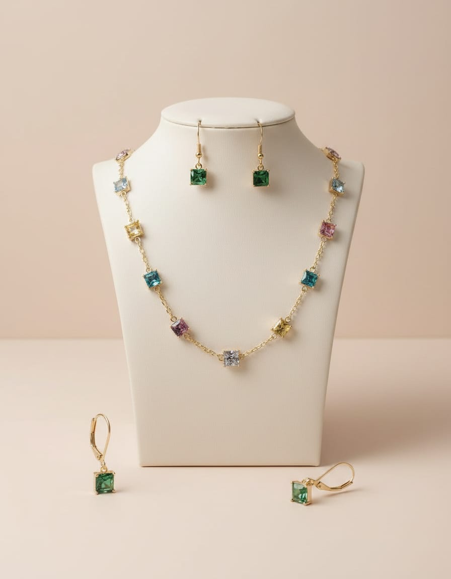 Multicolor Crystal Square Station Necklace Set with Earrings