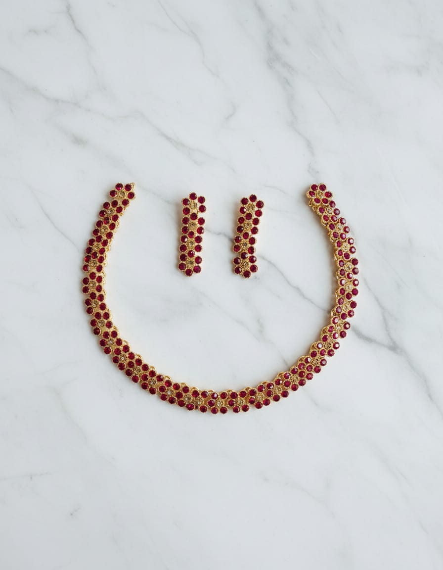 Ruby Red CZ Gold Necklace Set with Earrings - flat lay