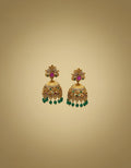 Antique Gold Floral Jhumka Earrings with Emerald & Ruby Stones