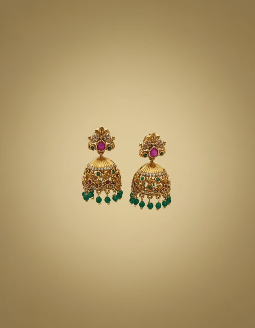 Antique Gold Floral Jhumka Earrings with Emerald & Ruby Stones