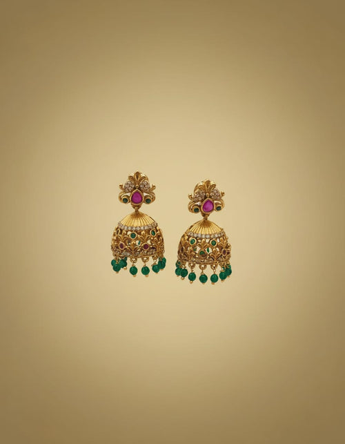 Antique Gold Floral Jhumka Earrings with Emerald & Ruby Stones