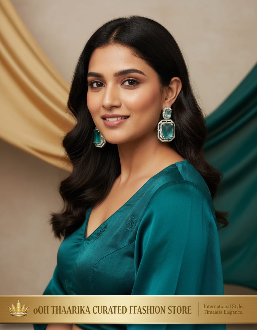 Emerald Green CZ Square Drop Earrings - model wearing