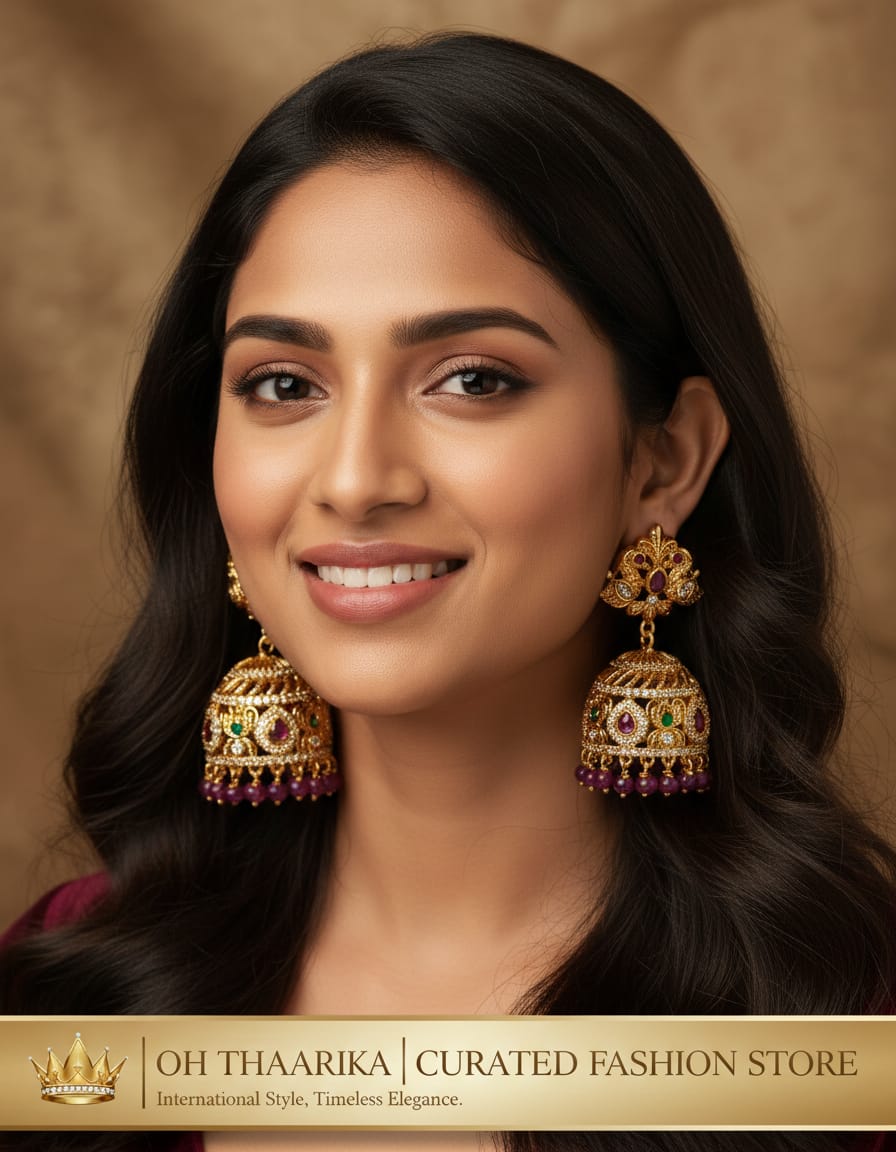Antique Gold Temple Jhumka Earrings - model wearing