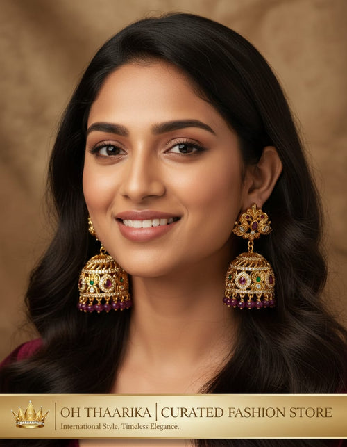 Antique Gold Temple Jhumka Earrings - model wearing