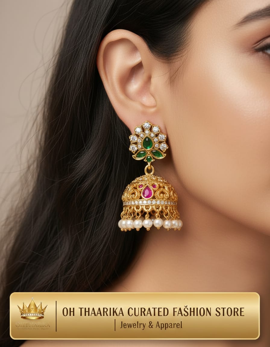 Royal Emerald Ruby Jhumka Earrings - model wearing