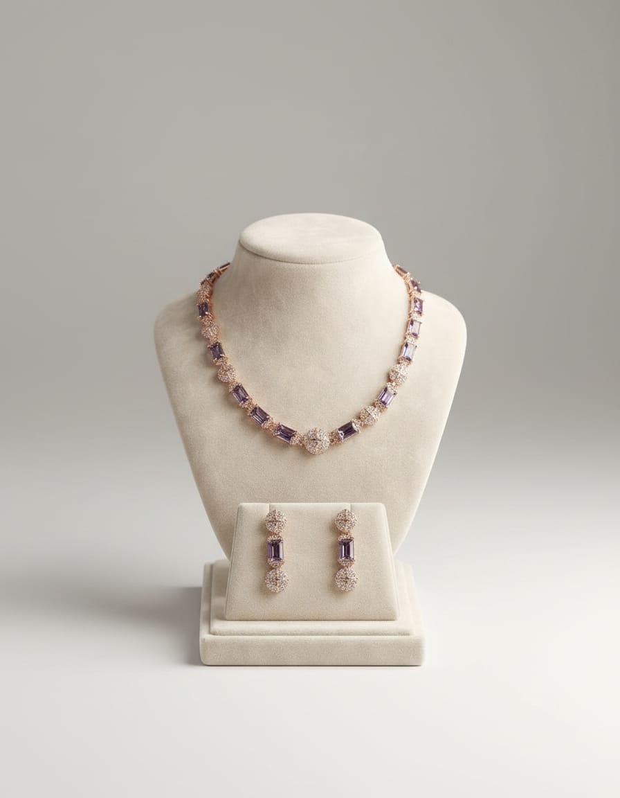 Rose Gold Amethyst Baguette Crystal Necklace & Earring Set