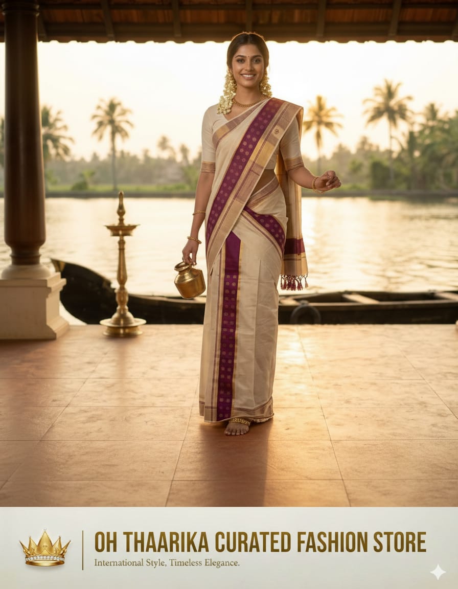 Kerala Kasavu Set Mundu - Purple Gold Border