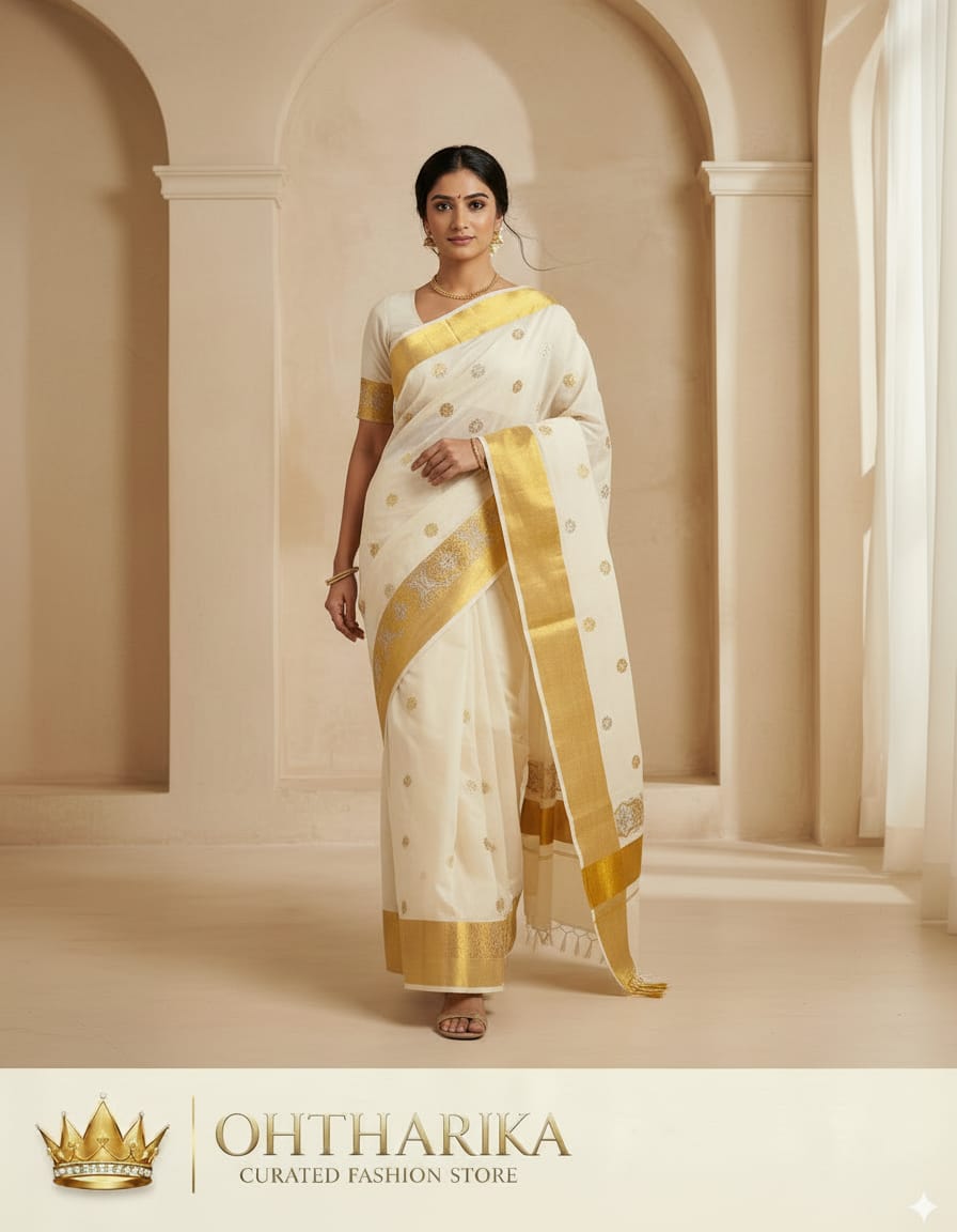 Sada Jari Embroidery Work Saree – Off White with Gold Zari Border