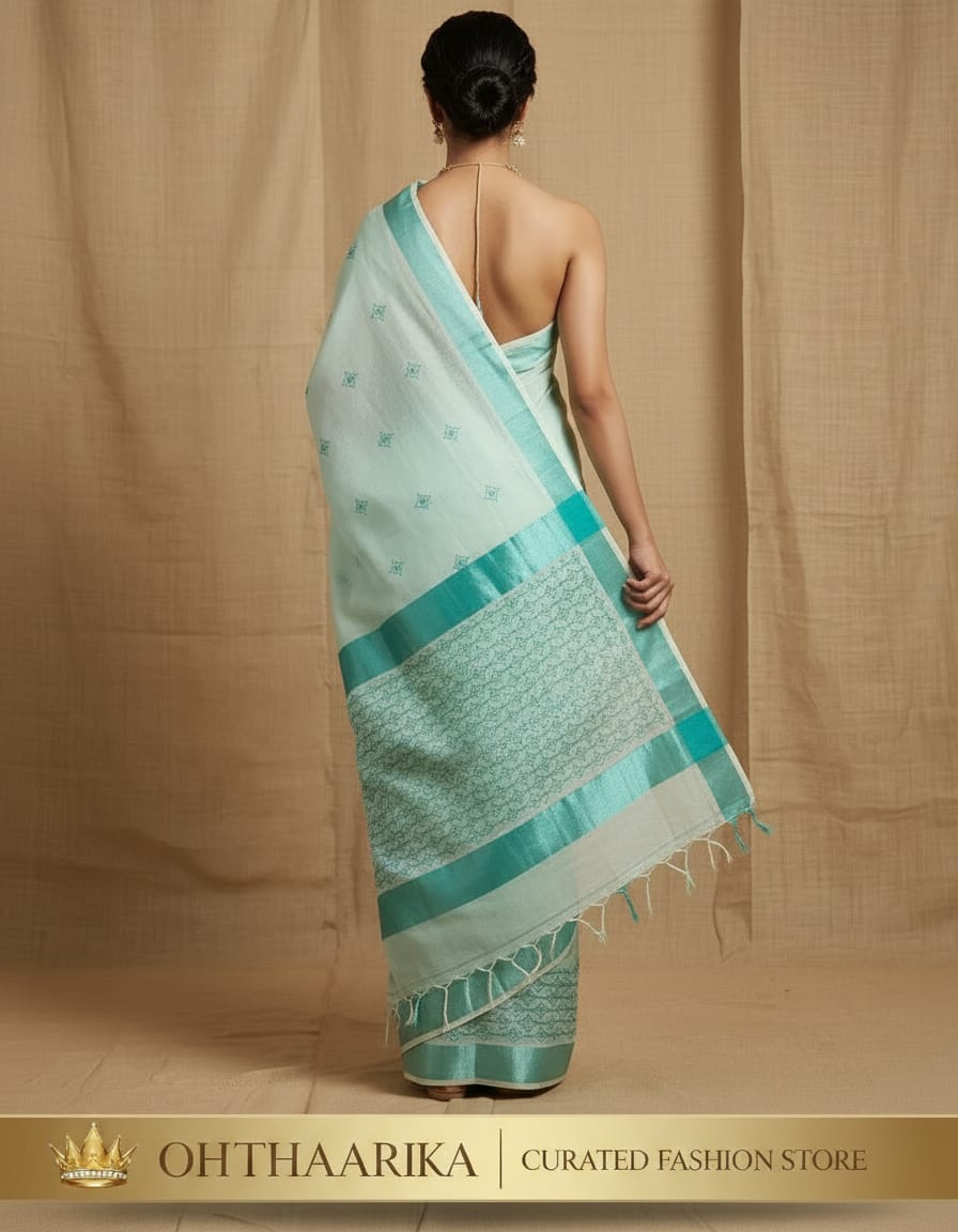 Tissue Seq Work Saree – Mint Green with Teal Zari Border