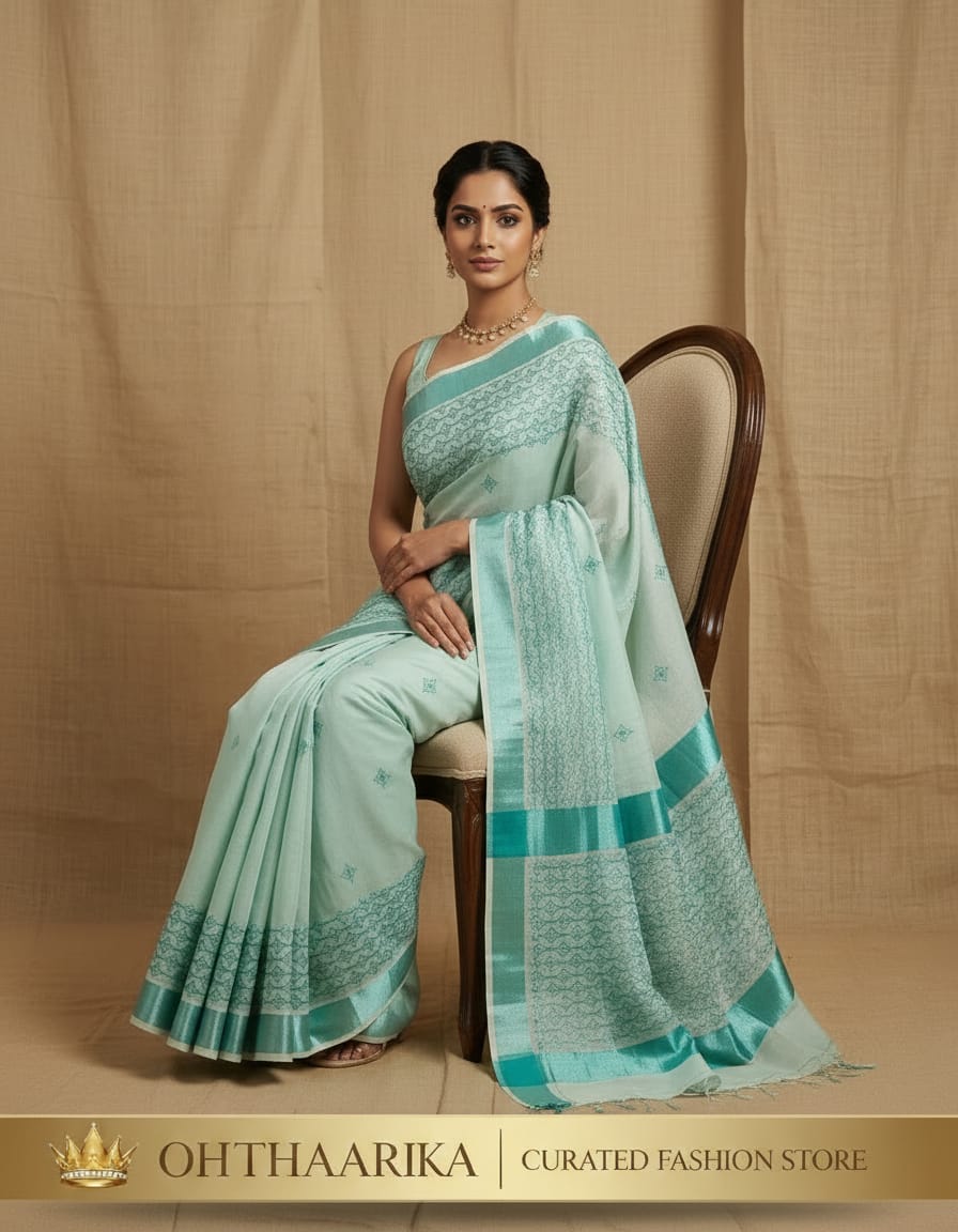 Tissue Seq Work Saree – Mint Green with Teal Zari Border
