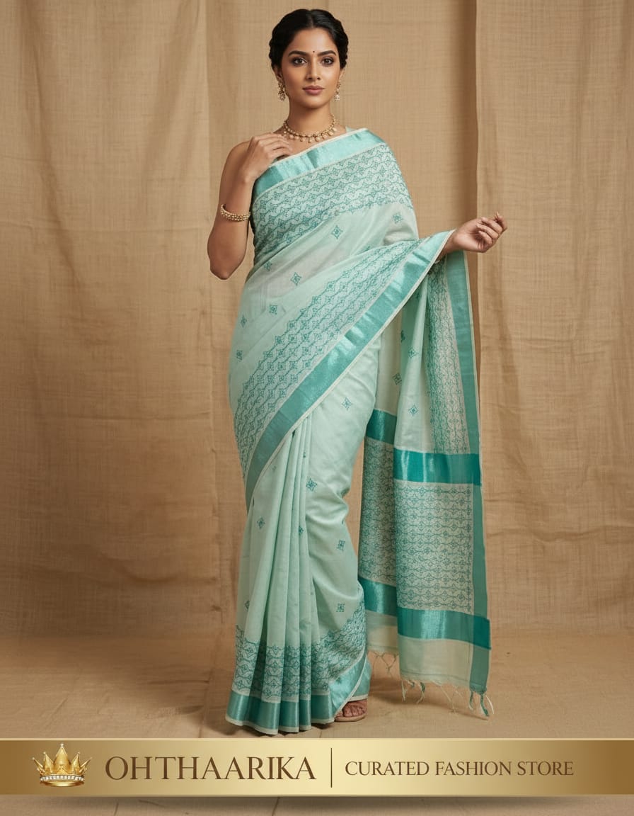 Tissue Seq Work Saree – Mint Green with Teal Zari Border