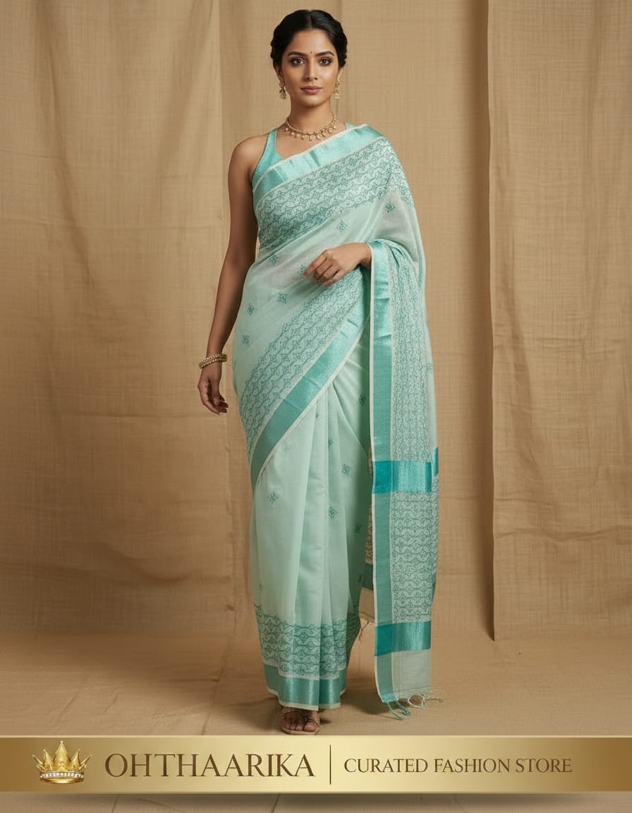 Tissue Seq Work Saree – Mint Green with Teal Zari Border