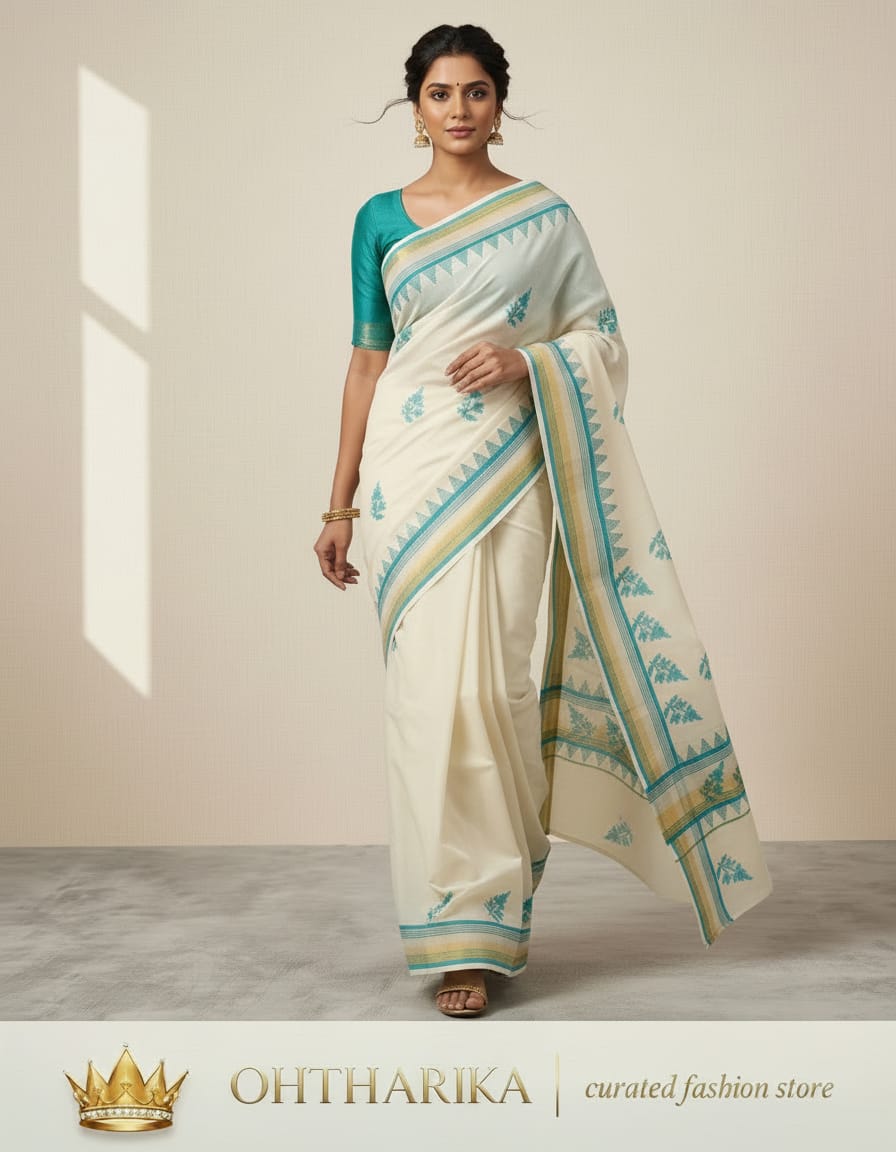 Kerala Handloom Saree – Off White with Teal Motifs
