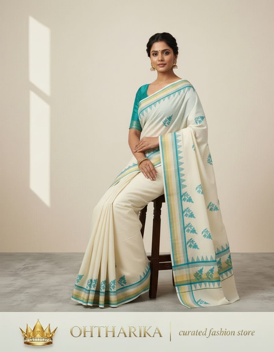 Kerala Handloom Saree – Off White with Teal Motifs