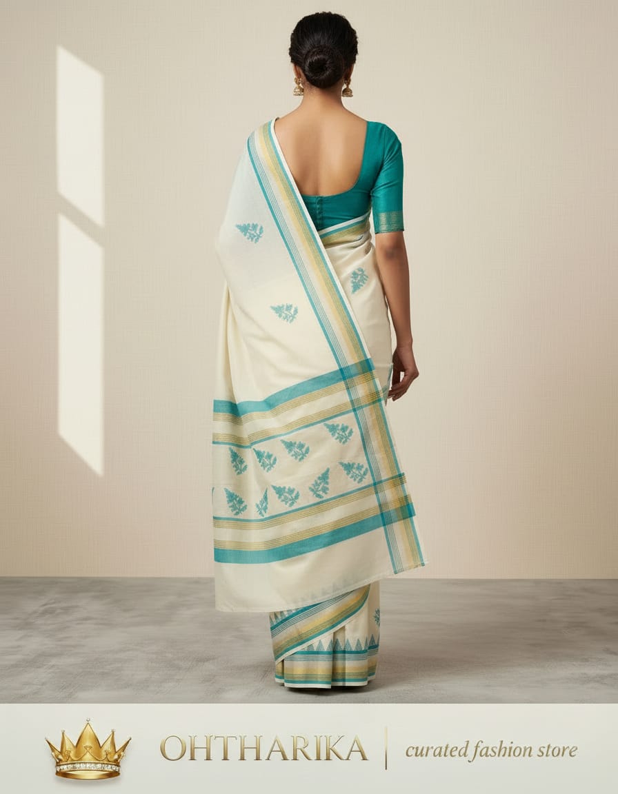 Kerala Handloom Saree – Off White with Teal Motifs
