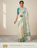 Kerala Handloom Saree – Off White with Teal Motifs