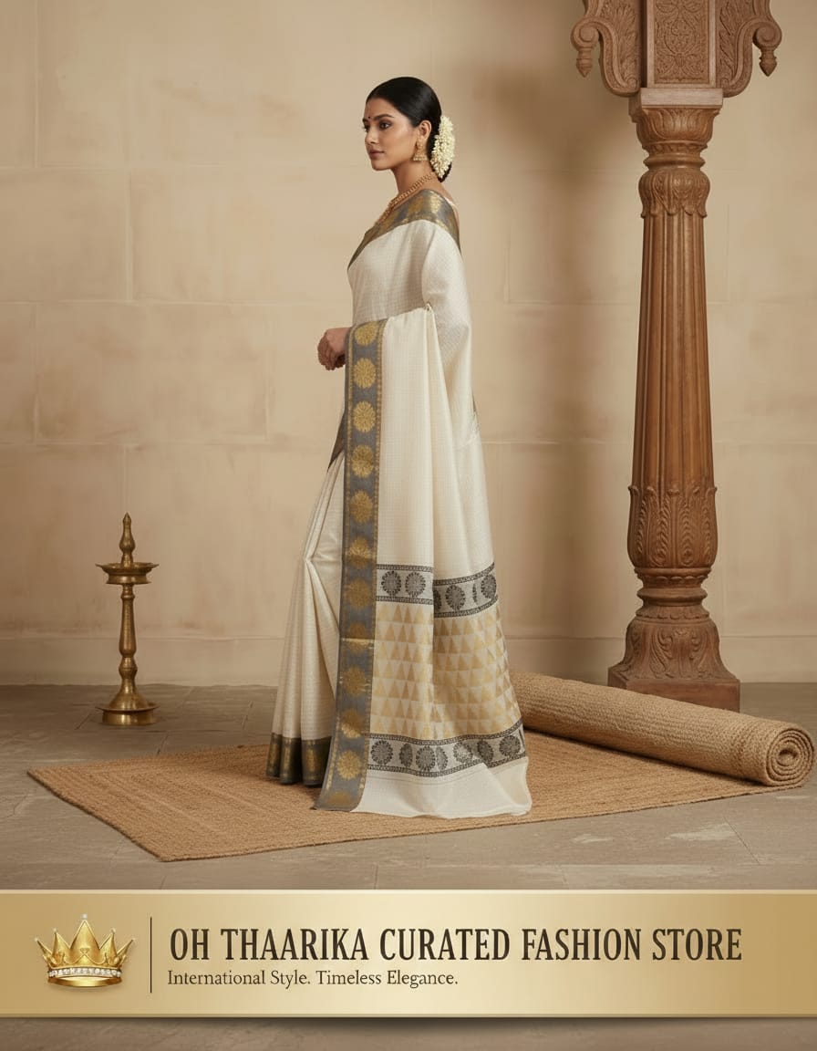 Floral Temple Alai Mango Saree – Off White with Antique Gold Zari Border