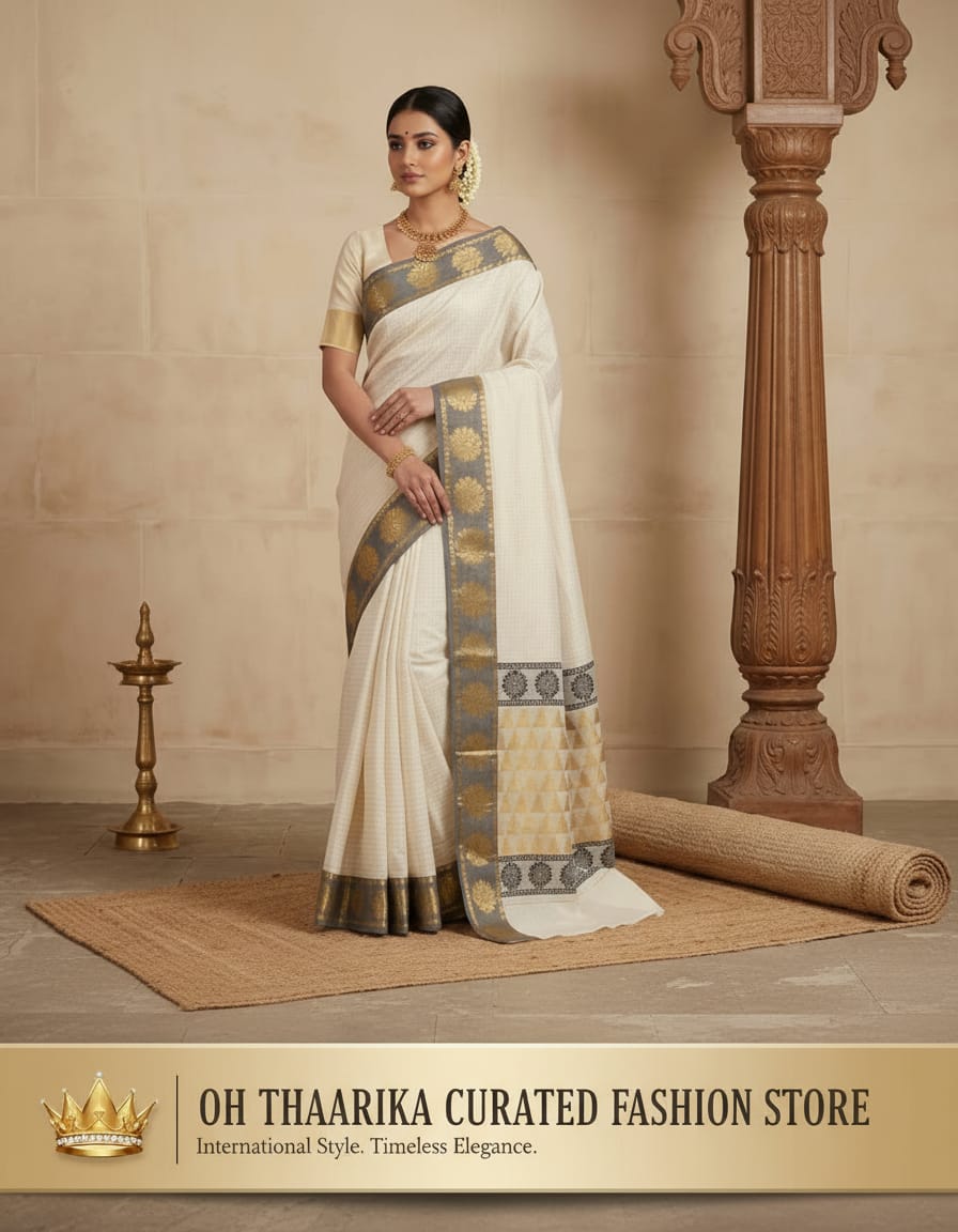 Floral Temple Alai Mango Saree – Off White with Antique Gold Zari Border