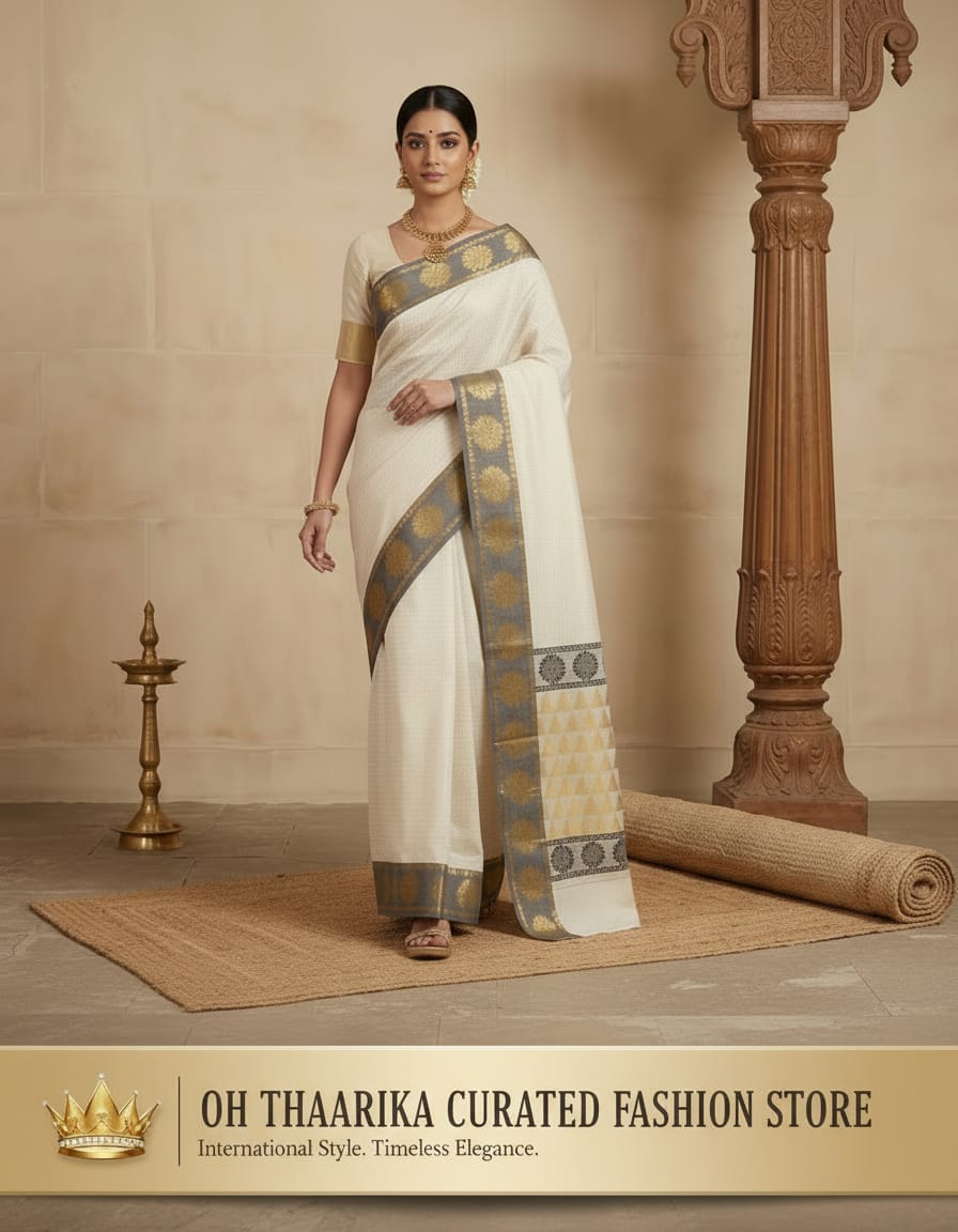Floral Temple Alai Mango Saree – Off White with Antique Gold Zari Border
