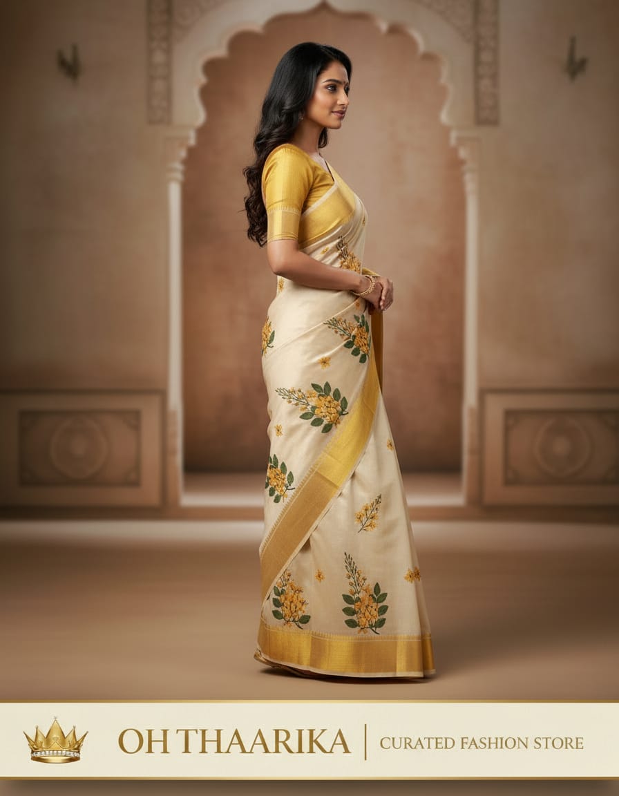 Tissue Embroidery Saree – Floral Gold
