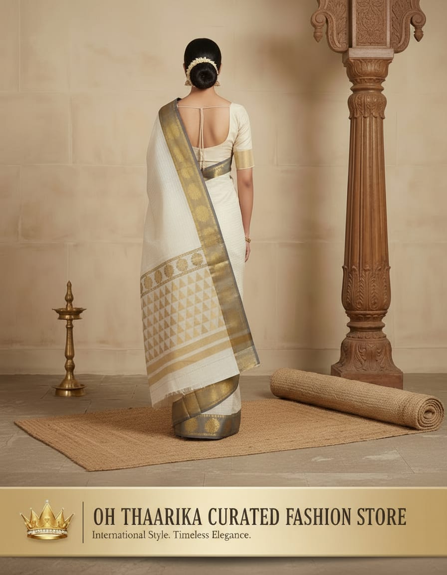 Floral Temple Alai Mango Saree – Off White with Antique Gold Zari Border