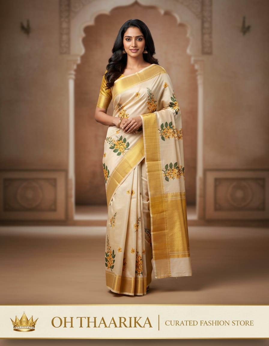 Tissue Embroidery Saree – Floral Gold