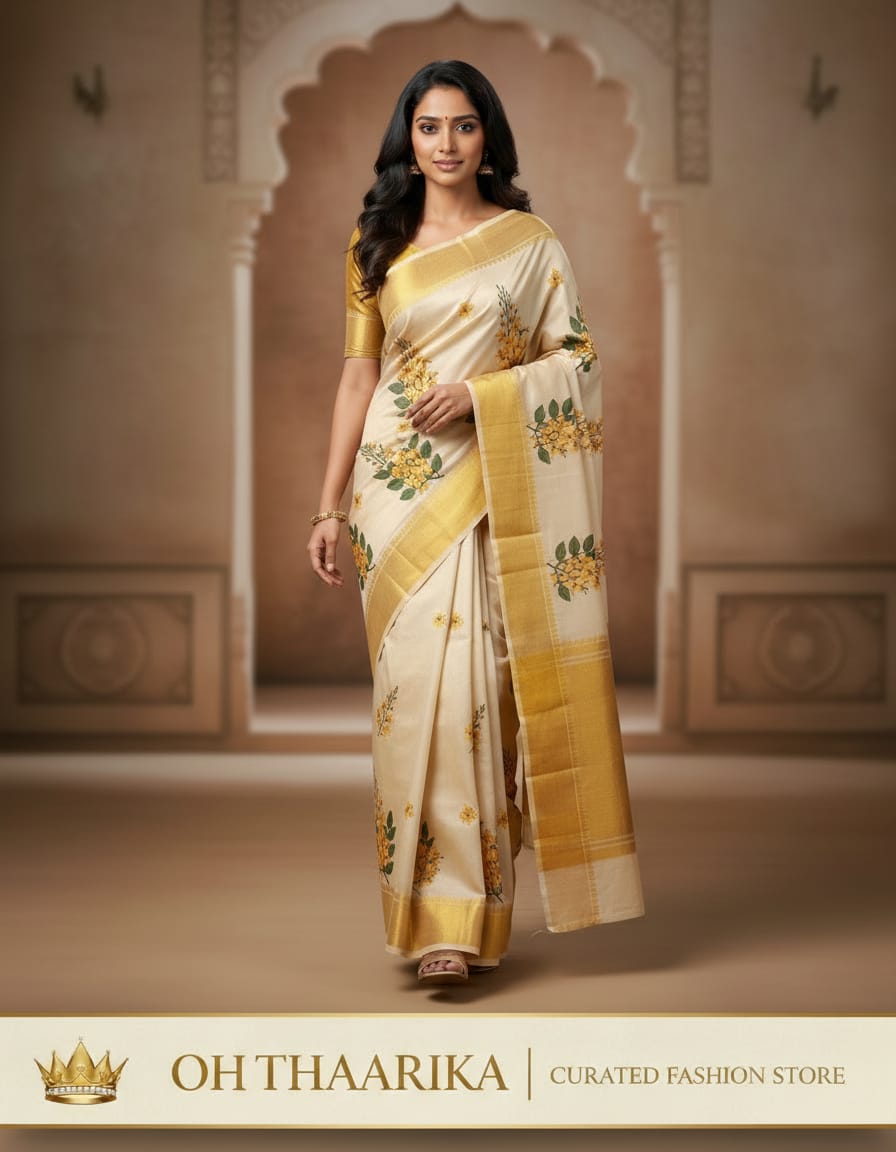 Tissue Embroidery Saree – Floral Gold