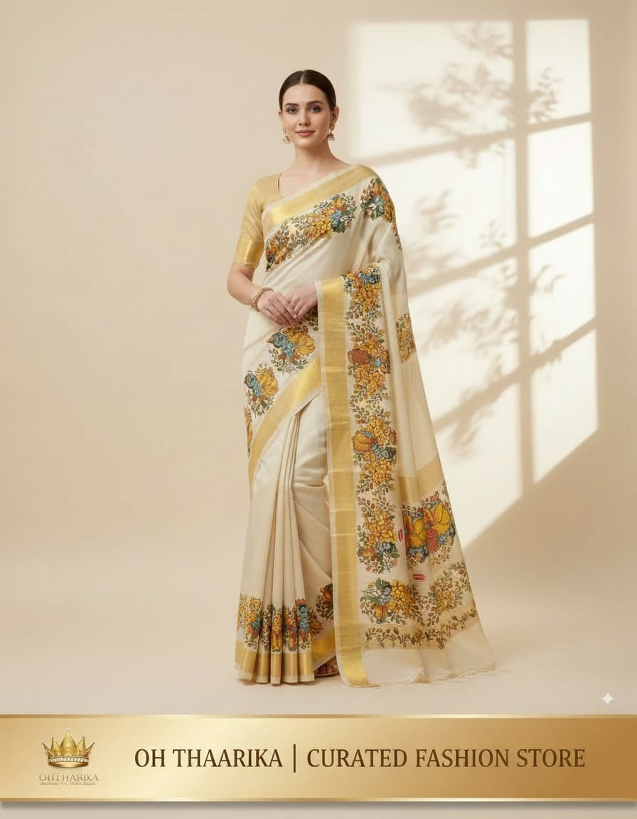 Kerala Kasavu Saree – Floral & Krishna Print