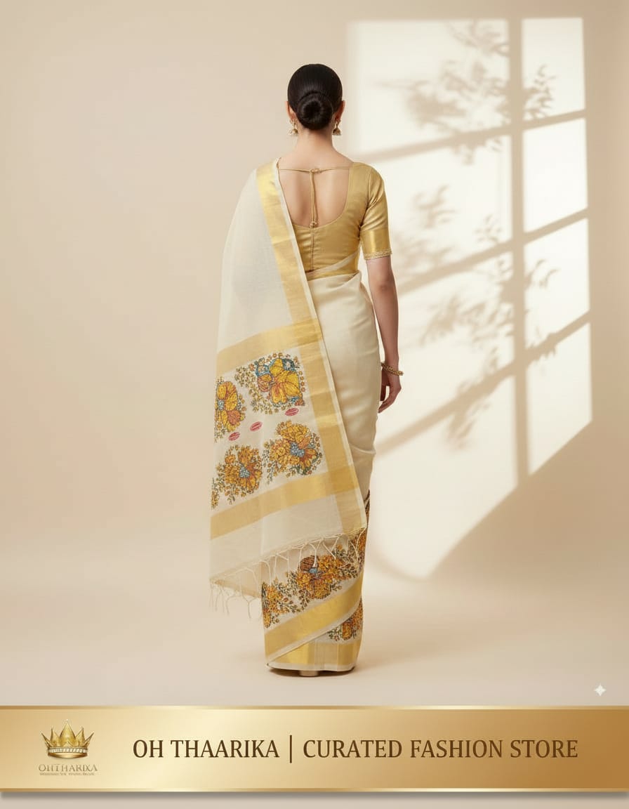 Kerala Kasavu Saree – Floral & Krishna Print