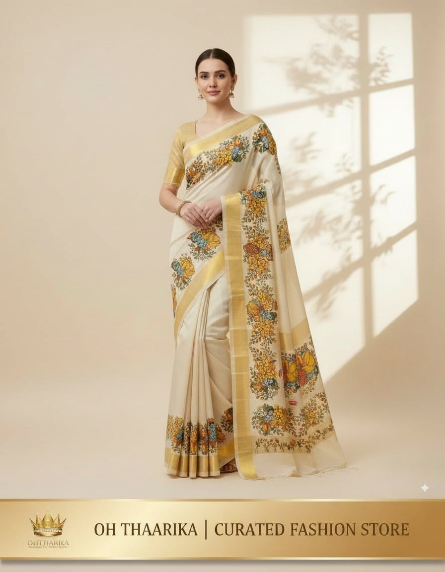 Kerala Kasavu Saree – Floral & Krishna Print